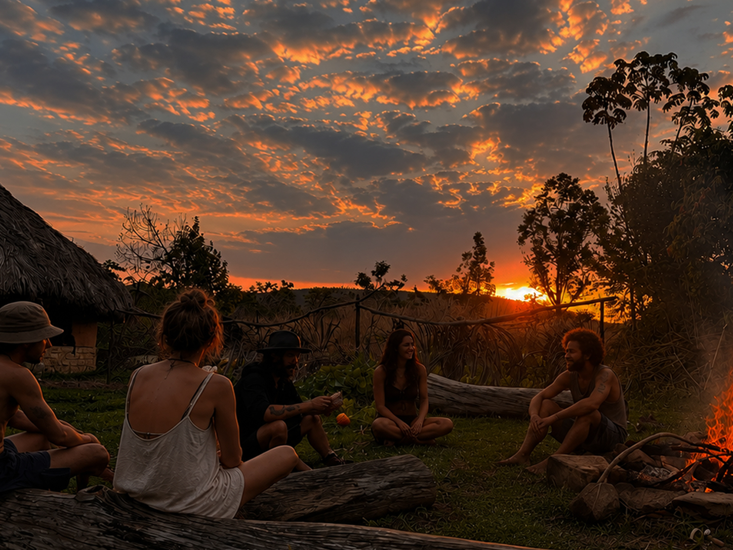 Grupo reunido em roda ao redor da fogueira durante o pôr do sol
