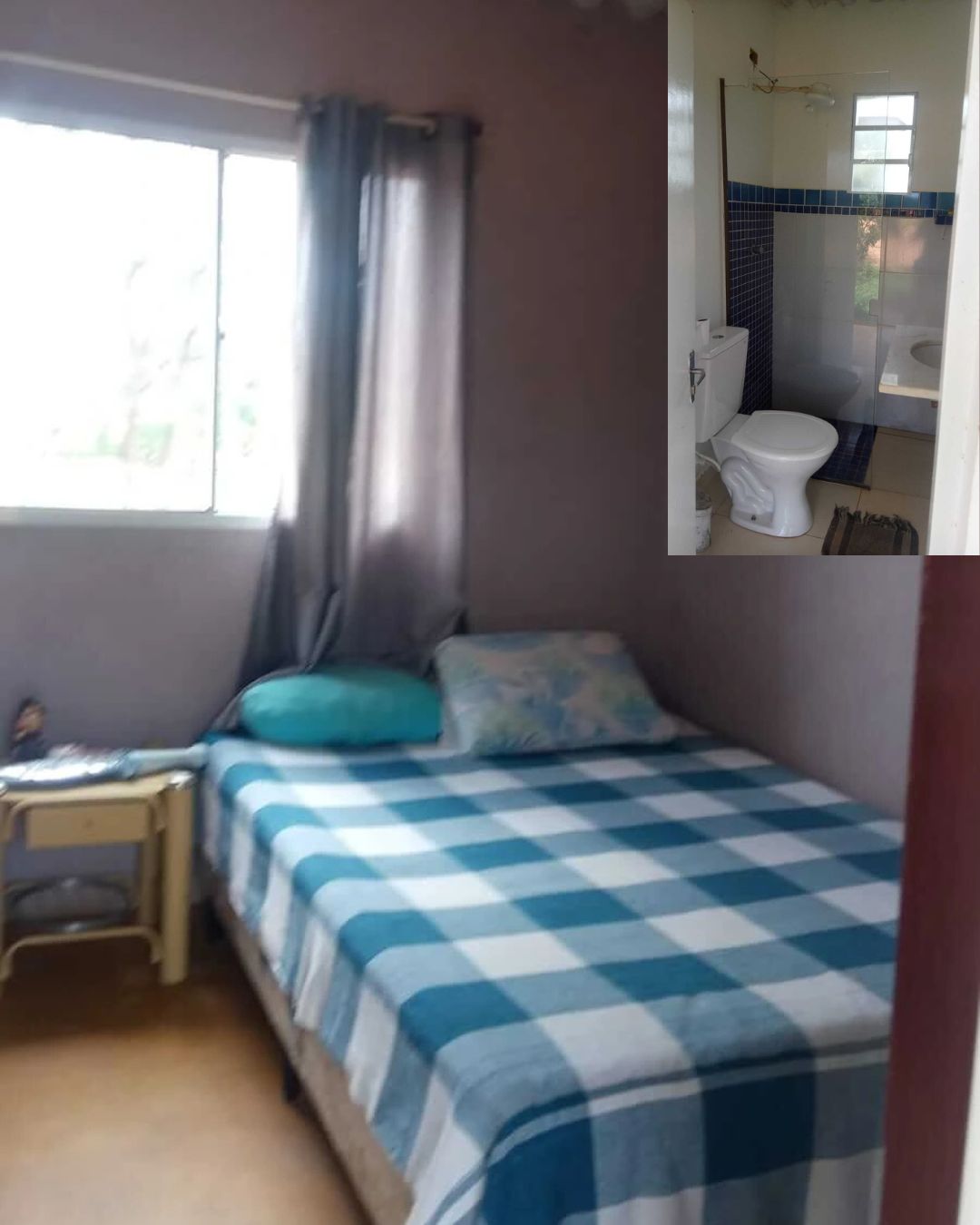 Quarto com cama de casal e banheiro do retiro