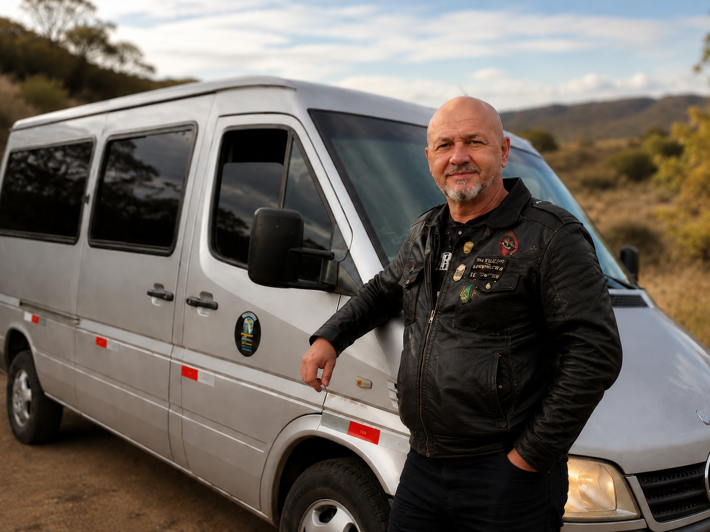 Van prateada do retiro estacionada na estrada do Cerrado, com o condutor ao lado